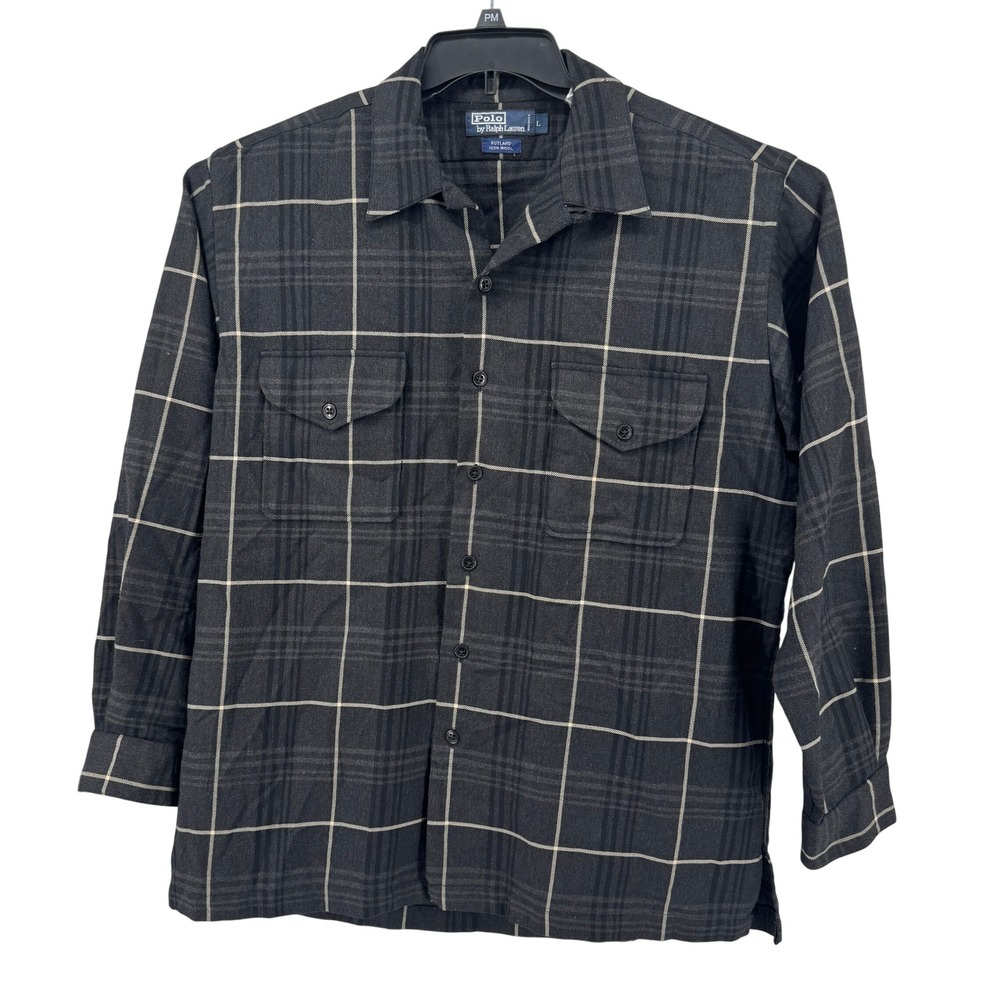 Polo Ralph Lauren‎ Rutland Shirt Mens L Grey Plaid 100% Wool Made in USA Flannel